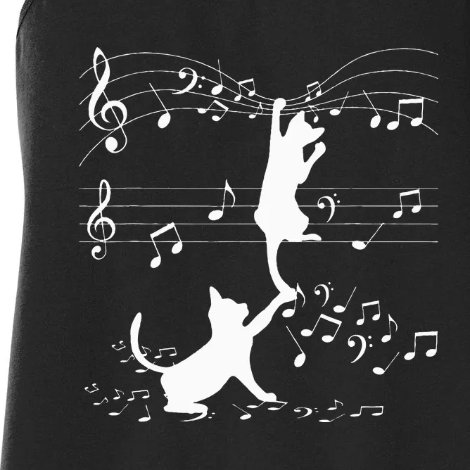 Black Cats Playing With Music Note Cat Lover Design Women's Racerback Tank