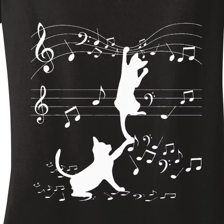 Black Cats Playing With Music Note Cat Lover Design Women's V-Neck T-Shirt