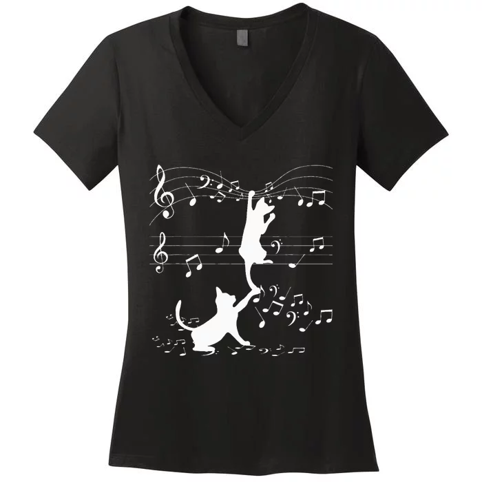 Black Cats Playing With Music Note Cat Lover Design Women's V-Neck T-Shirt