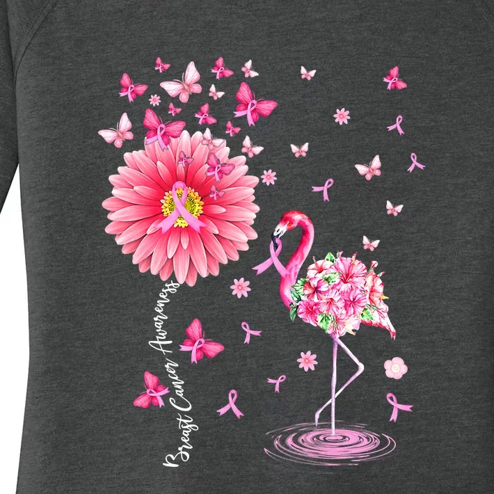 Breast Cancer Pink Flamingo Daisy Awareness Ribbon Women's Perfect Tri Tunic Long Sleeve Shirt