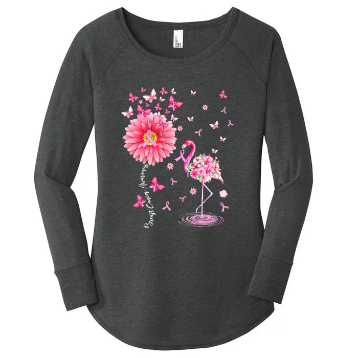 Breast Cancer Pink Flamingo Daisy Awareness Ribbon Women's Perfect Tri Tunic Long Sleeve Shirt