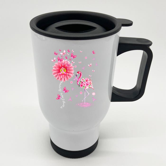 Breast Cancer Pink Flamingo Daisy Awareness Ribbon Front & Back Stainless Steel Travel Mug