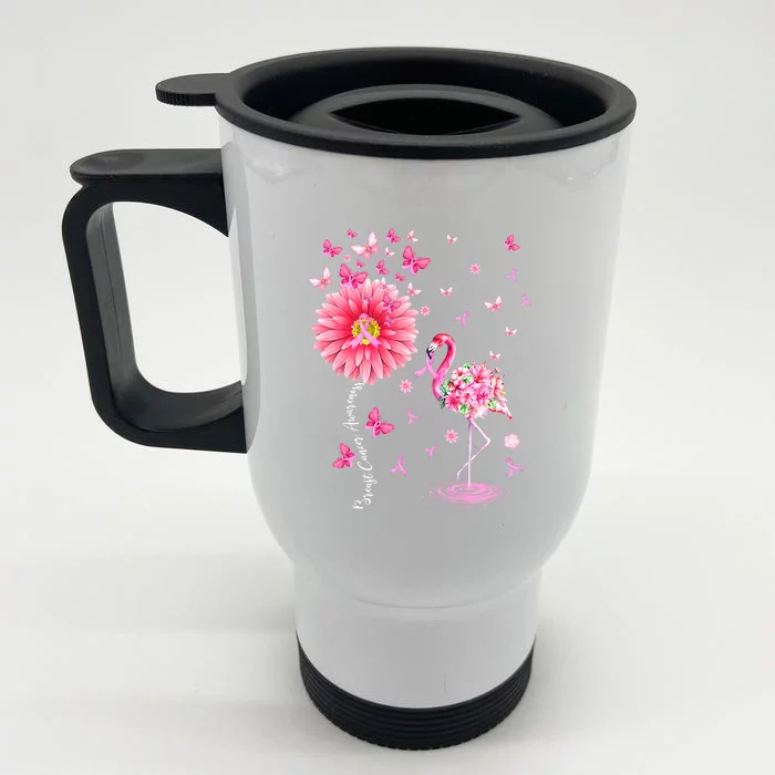 Breast Cancer Pink Flamingo Daisy Awareness Ribbon Front & Back Stainless Steel Travel Mug