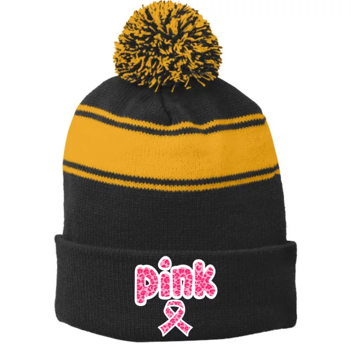 Breast Cancer Pink Ribbon Awareness Stripe Pom Pom Beanie