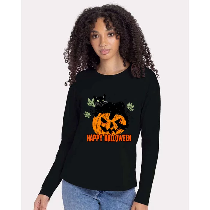 Black Cat Pumpkin Halloween Day Sublimation Retro Halloween Womens Cotton Relaxed Long Sleeve T-Shirt