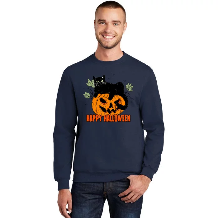 Black Cat Pumpkin Halloween Day Sublimation Retro Halloween Tall Sweatshirt