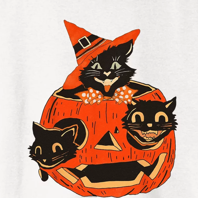 Black Cats Pumpkin Carved Jack O Lantern Halloween Women's Crop Top Tee