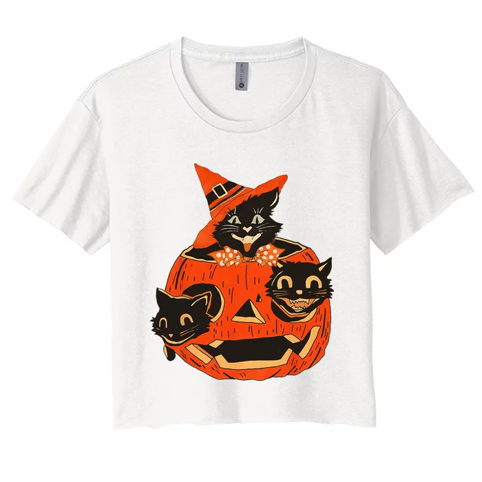 Black Cats Pumpkin Carved Jack O Lantern Halloween Women's Crop Top Tee