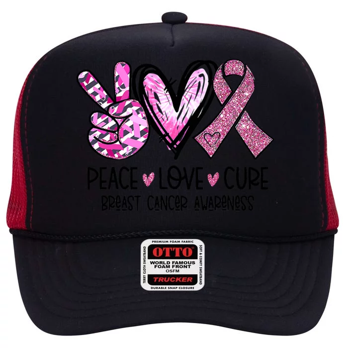 Breast Cancer Peace Love Cure Pink Ribbon Awareness High Crown Mesh Trucker Hat