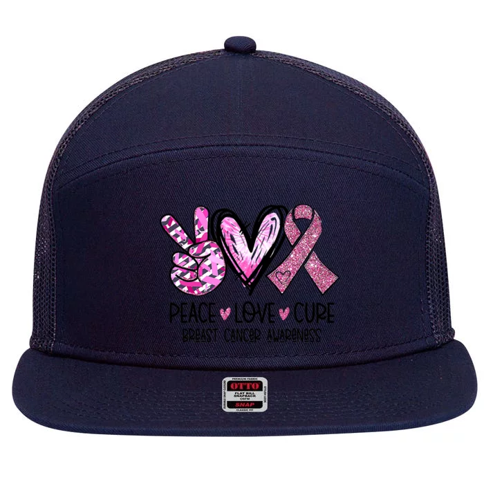 Breast Cancer Peace Love Cure Pink Ribbon Awareness 7 Panel Mesh Trucker Snapback Hat