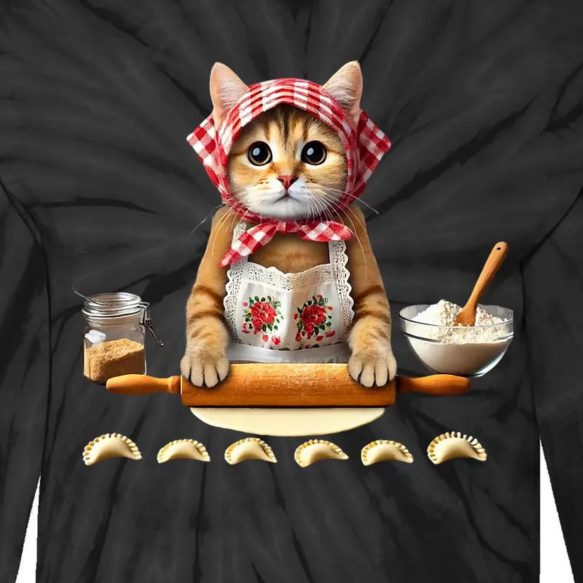 Babushka Cat Pierogi Making Polish Cat Tie-Dye Long Sleeve Shirt