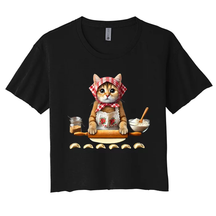 Babushka Cat Pierogi Making Polish Cat Women's Crop Top Tee