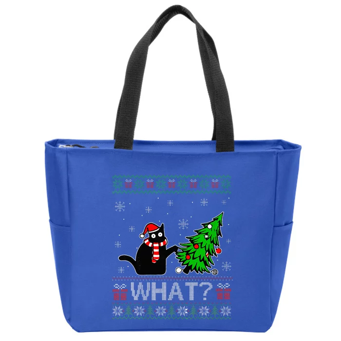 Black Cat Pushing Christmas Tree Ugly Xmas Zip Tote Bag