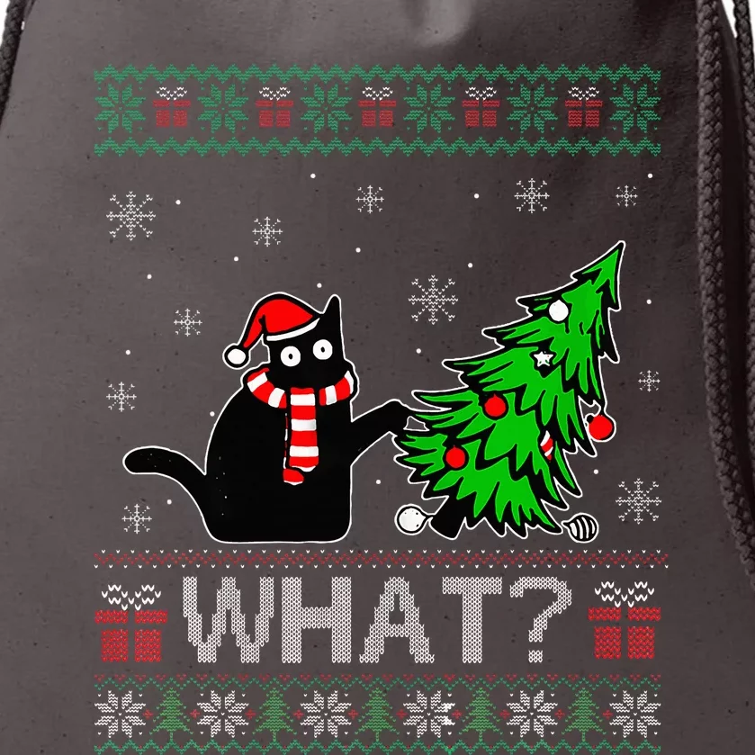 Black Cat Pushing Christmas Tree Ugly Xmas Drawstring Bag