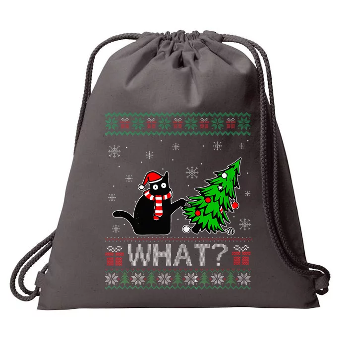 Black Cat Pushing Christmas Tree Ugly Xmas Drawstring Bag