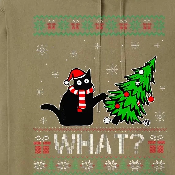 Black Cat Pushing Christmas Tree Ugly Xmas Premium Hoodie