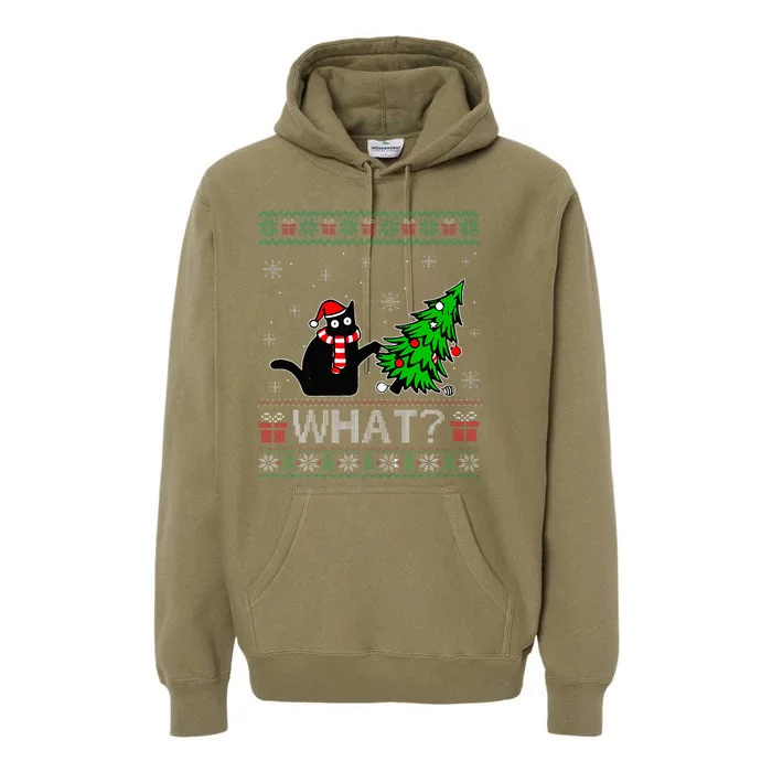 Black Cat Pushing Christmas Tree Ugly Xmas Premium Hoodie