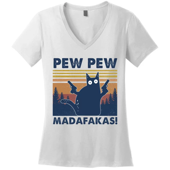 Black Cat Pew Pew Madafakas Women's V-Neck T-Shirt