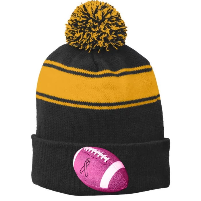 Breast Cancer Pink Football Stripe Pom Pom Beanie