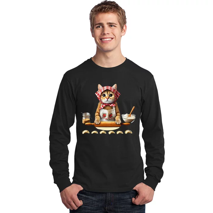 Babushka Cat Pierogi Making Polish Cat Long Sleeve Shirt