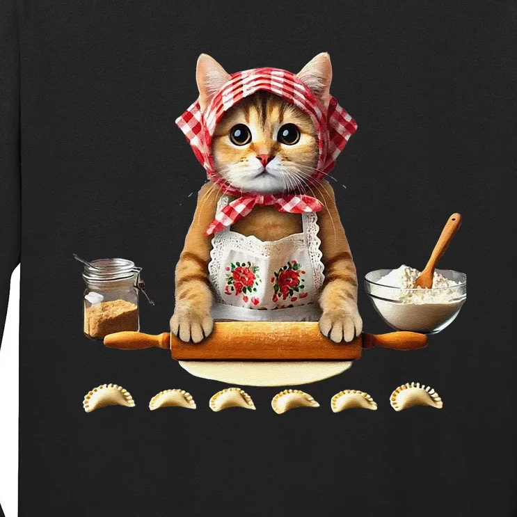 Babushka Cat Pierogi Making Polish Cat Long Sleeve Shirt