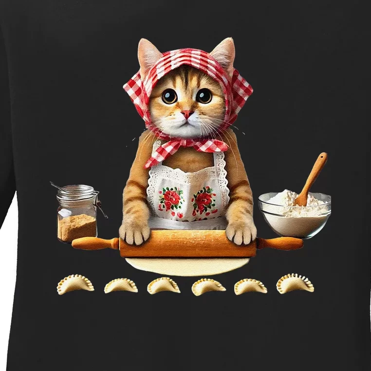 Babushka Cat Pierogi Making Polish Cat Ladies Long Sleeve Shirt