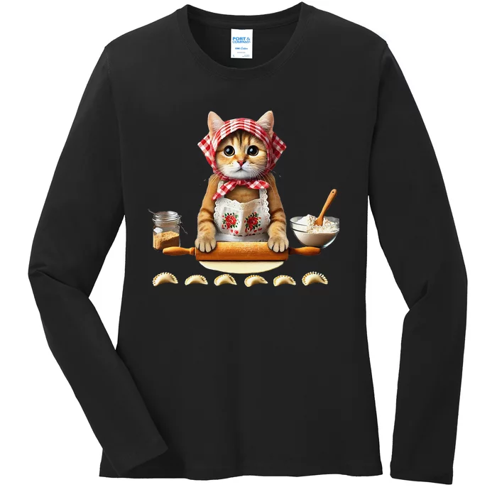 Babushka Cat Pierogi Making Polish Cat Ladies Long Sleeve Shirt