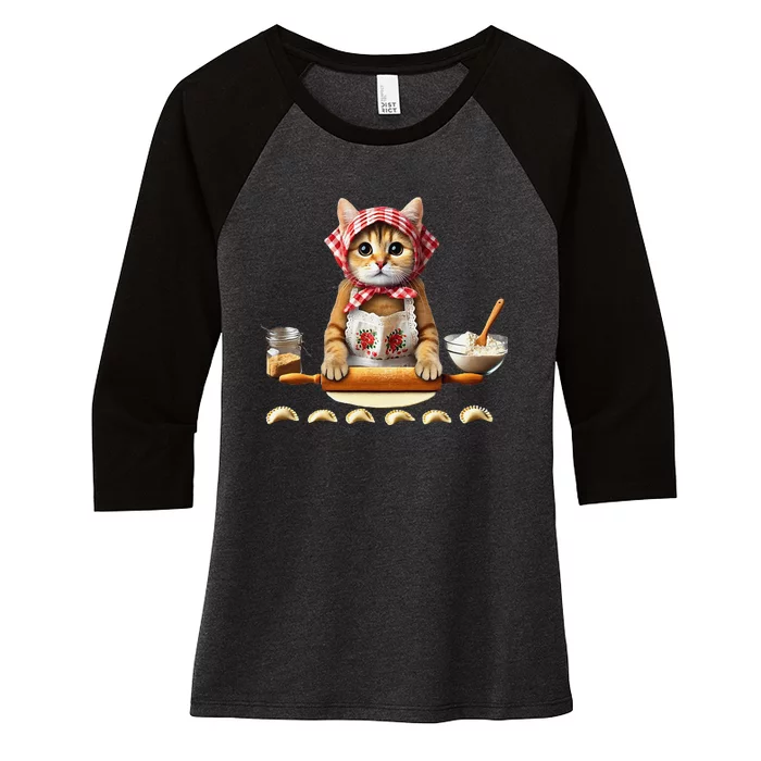 Babushka Cat Pierogi Making Polish Cat Women's Tri-Blend 3/4-Sleeve Raglan Shirt