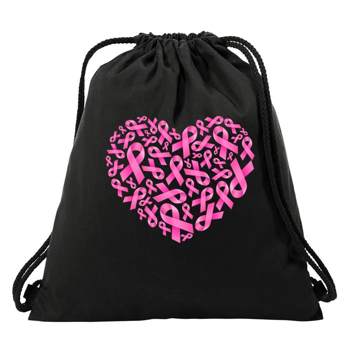 Breast Cancer Pink Ribbon Heart Drawstring Bag