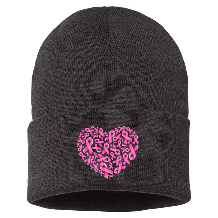 Breast Cancer Pink Ribbon Heart Sustainable Knit Beanie