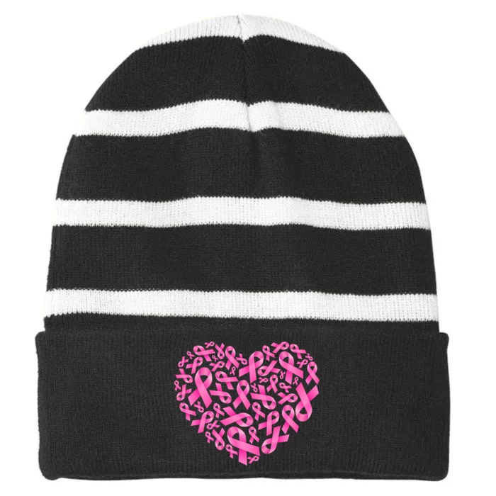 Breast Cancer Pink Ribbon Heart Striped Beanie with Solid Band