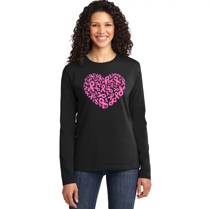 Breast Cancer Pink Ribbon Heart Ladies Long Sleeve Shirt