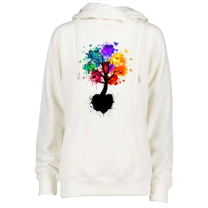 Bright Colorful Painted Butterfly Tree Womens Funnel Neck Pullover Hood