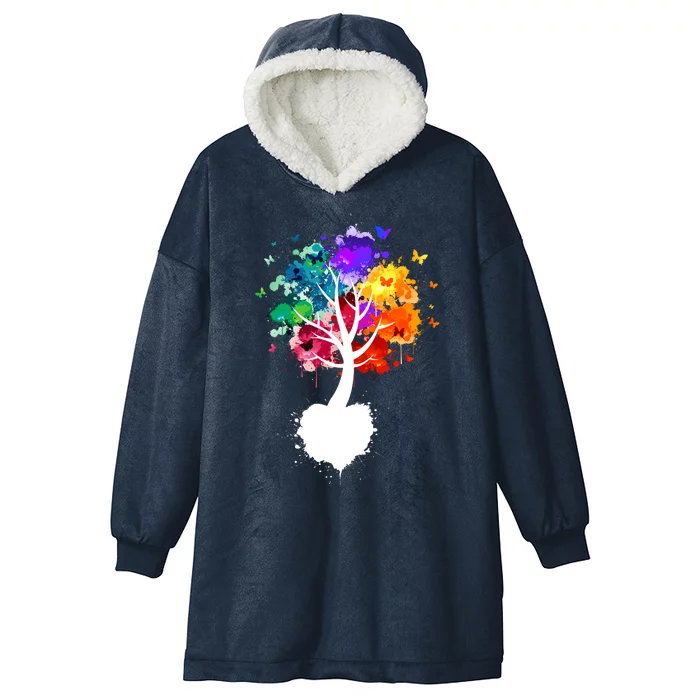 Bright Colorful Painted Butterfly Tree Hooded Wearable Blanket