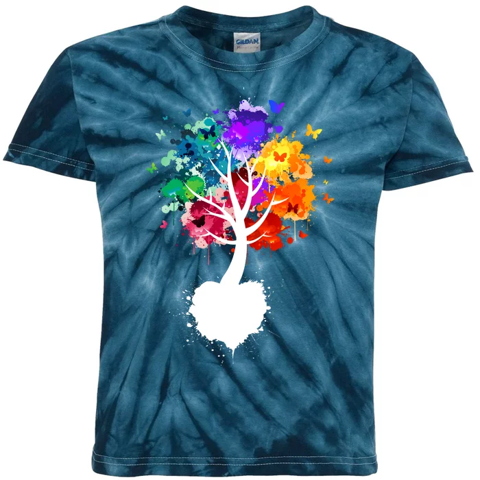 Bright Colorful Painted Butterfly Tree Kids Tie-Dye T-Shirt