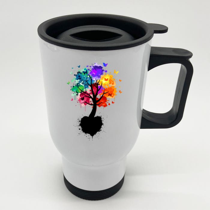 Bright Colorful Painted Butterfly Tree Front & Back Stainless Steel Travel Mug