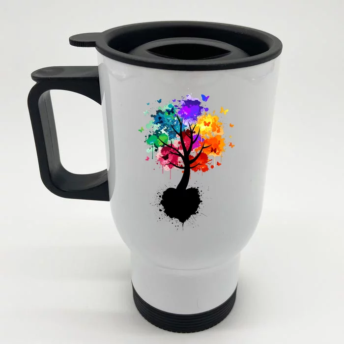 Bright Colorful Painted Butterfly Tree Front & Back Stainless Steel Travel Mug