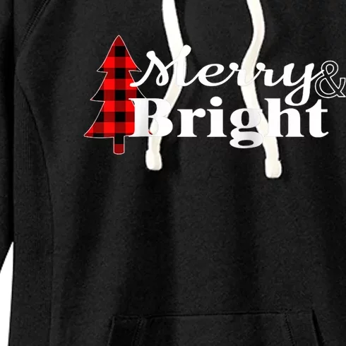 Buffalo Check Plaid Merry And Bright Christmas Holiday Raglan Baseball Women's Fleece Hoodie