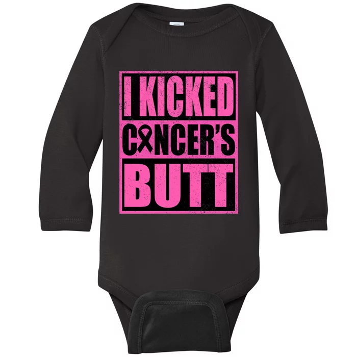 Breast Cancer Quote I Kicked Cancer Butt Inspiration Baby Long Sleeve Bodysuit