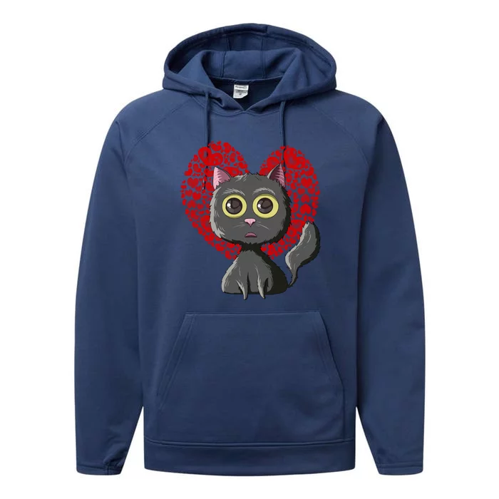 Black Cat Red Hearts Cute Cat Mom Valentines Day Cat Lovers Gift Performance Fleece Hoodie