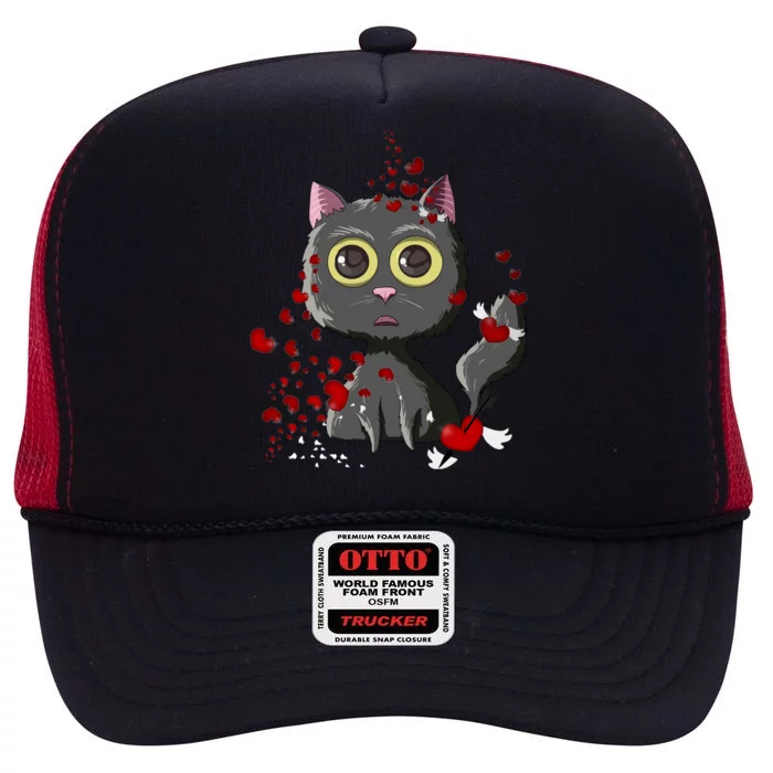 Black Cat Red Hearts Funny Cat Mom Valentines Day Cat Lover Gift High Crown Mesh Trucker Hat