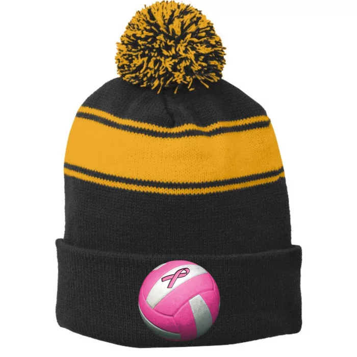 Breast Cancer Ribbon Pink Volleyball Stripe Pom Pom Beanie