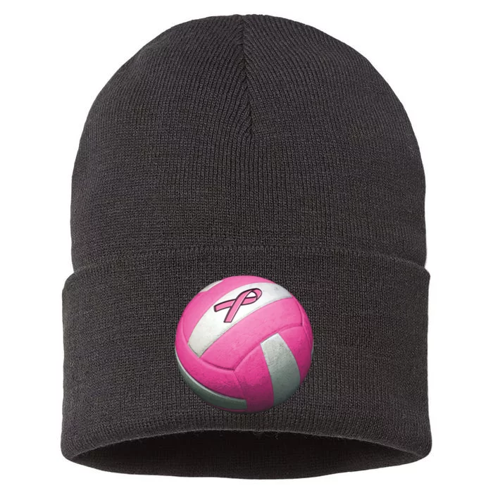 Breast Cancer Ribbon Pink Volleyball Sustainable Knit Beanie