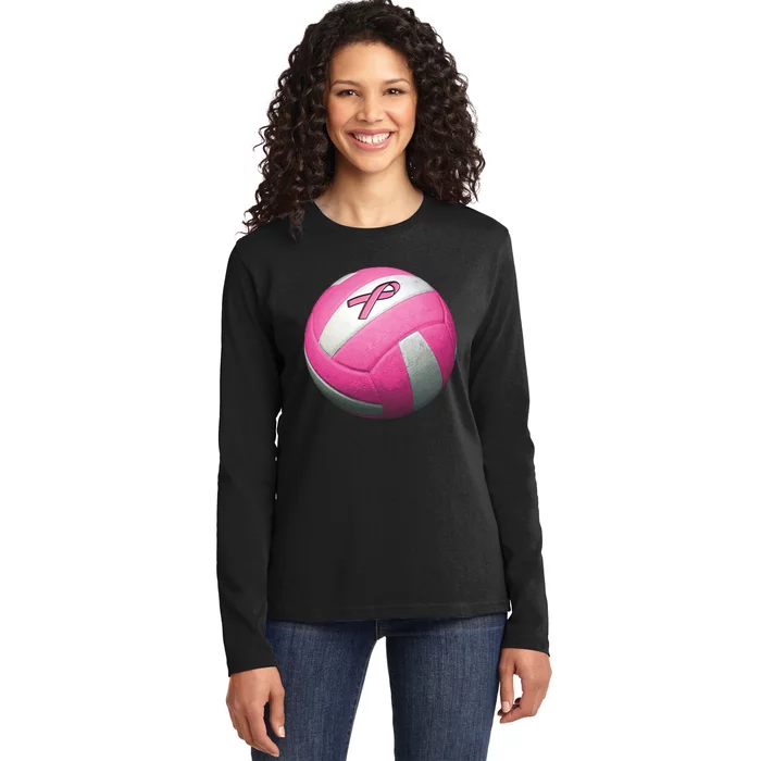 Breast Cancer Ribbon Pink Volleyball Ladies Long Sleeve Shirt