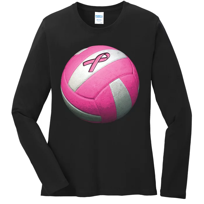 Breast Cancer Ribbon Pink Volleyball Ladies Long Sleeve Shirt