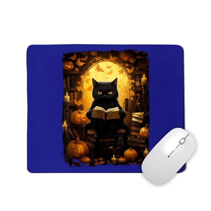 Black Cat Reading Books Halloween Pumpkin Autumn Teachers Gift Mousepad