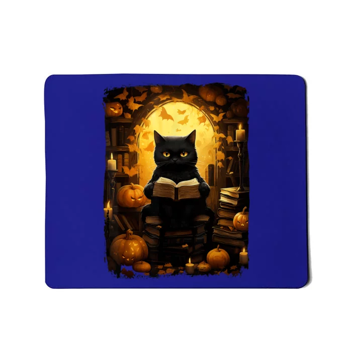 Black Cat Reading Books Halloween Pumpkin Autumn Teachers Gift Mousepad