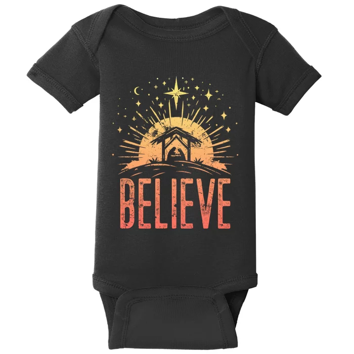 Believe Christmas Religious Nativity Baby Jesus Manger Baby Bodysuit