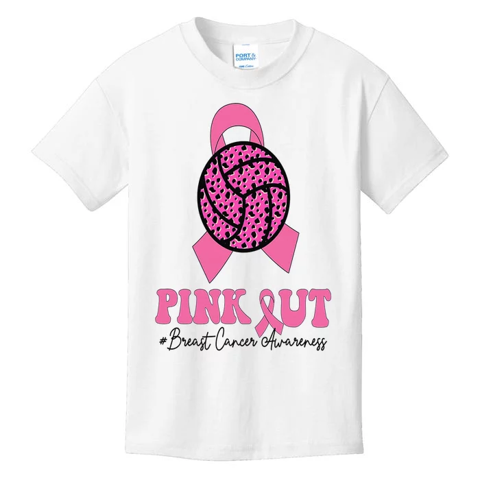 Breast Cancer Ribbon Pink Out Volleyball Pink Ribbon Leopard Kids T-Shirt