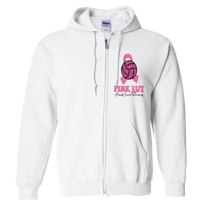 Breast Cancer Ribbon Pink Out Volleyball Pink Ribbon Leopard Full Zip Hoodie